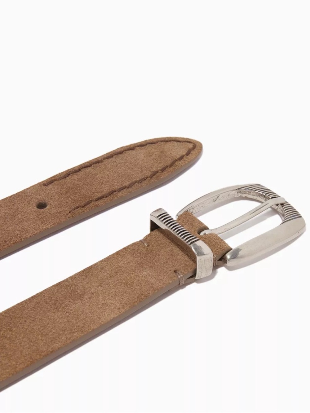 Brunello Cucinelli Suede Leather Brown Belt w Stitching & Etched Silver Buckle